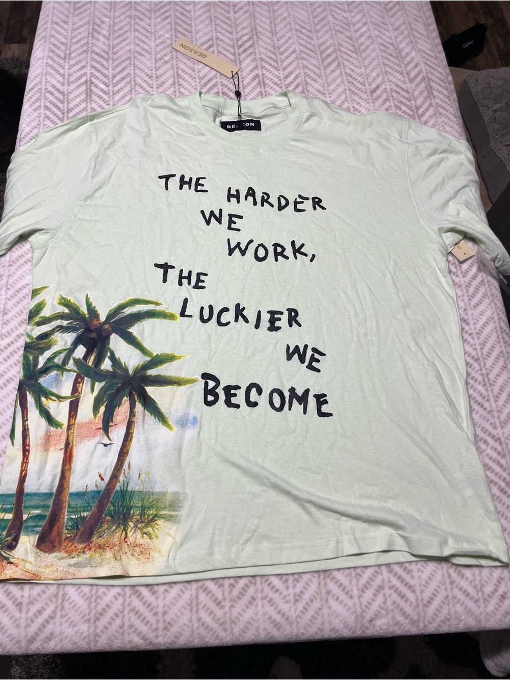 Reason Men’s Light Green Short Sleeve Tee with Palm Beach Graphic large